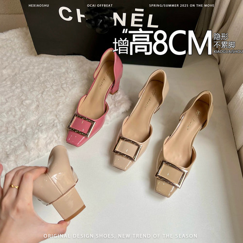 羊皮版~内增高8CM金属方扣玛丽珍鞋女2026新款一脚蹬百搭高跟单鞋