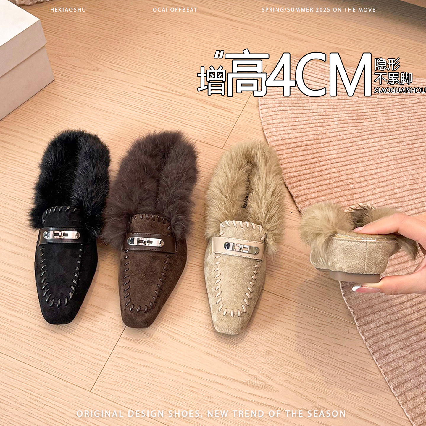 牛皮版内增高加绒保暖勃肯鞋女2025年新款皮带扣一脚蹬包头棉拖鞋