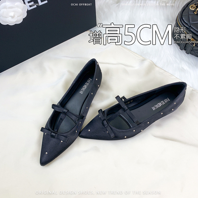 羊皮版~增高5CM绸缎波点水钻尖头单鞋女2026春款蝴蝶结软底玛丽珍