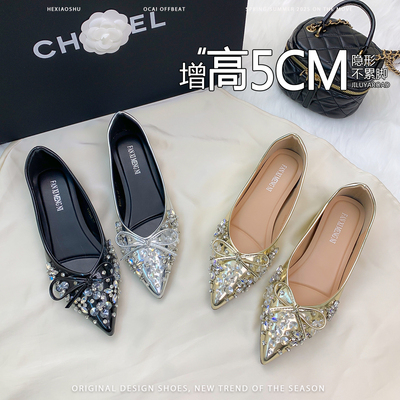 羊皮版水钻蝴蝶结内增高尖头单鞋女2026新款法式气质一脚蹬平底鞋