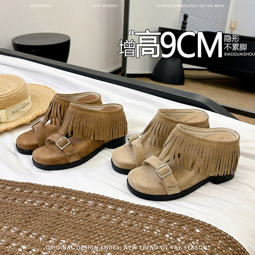 羊皮版~增高9CM复古波西米亚流苏凉鞋女夏厚底搭扣休闲露趾凉拖鞋