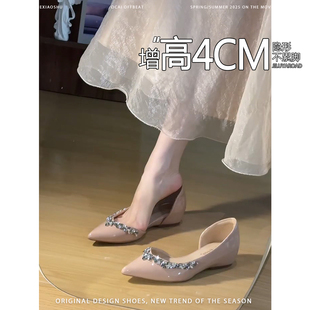 羊皮版名媛风水钻尖头内增高侧空单鞋女2026新款一脚蹬浅口平底鞋