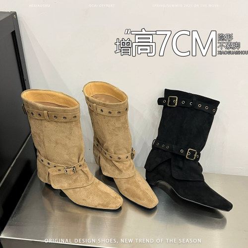 复古风绒面铆钉内增高裤管靴女皮带扣中筒骑士靴美拉德西部牛仔靴