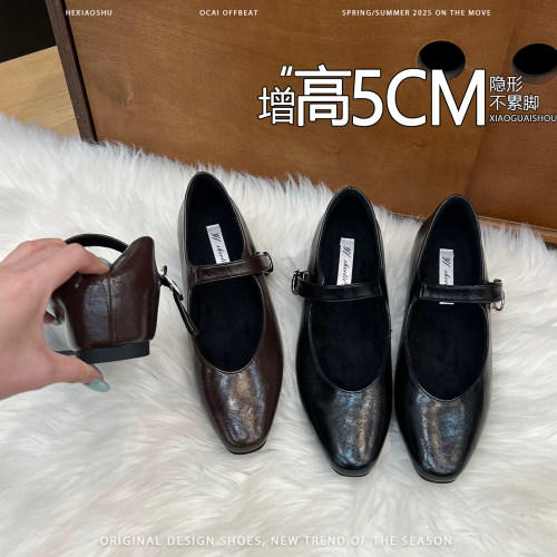 羊皮版~5CM内增高法式复古玛丽珍鞋女2026新款一字扣带配裙子单鞋