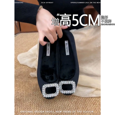 法式内增高绝美水钻方头保暖玛丽珍鞋女小香风配裙子丝绒粗跟单鞋