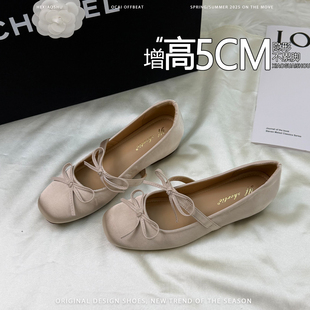 法式内增高蝴蝶结缎面玛丽珍鞋女2026新款百搭一字带平底芭蕾单鞋