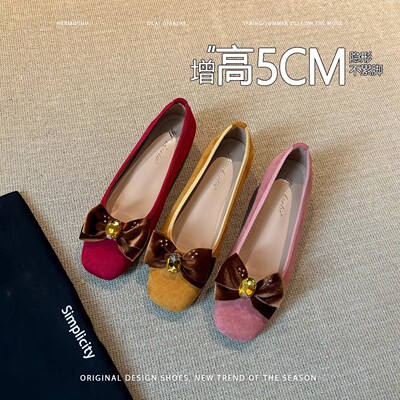 法式水钻蝴蝶结内增高玛丽珍鞋女2026年新款配裙子一脚蹬浅口单鞋