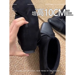 不累脚内增高10CM弹力瘦瘦靴女小个子显瘦时装靴后拉链短筒马丁靴