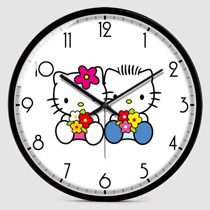 创意网红Hello Kitty静音扫秒圆形客厅挂钟儿童房学校KT猫钟表