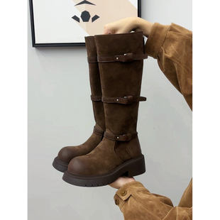 25冬款欧美风麂皮带扣长筒靴女厚底增高骑士靴粗跟显瘦高筒靴子