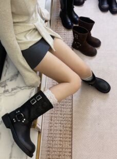 2025秋冬新款薄绒马丁靴金属扣厚底真皮女靴粗跟内增高中筒靴子