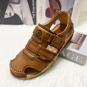 新款 包跟凉拖鞋 真皮男凉鞋 防滑软底洞洞鞋 牛皮镂空包头沙滩鞋 夏季