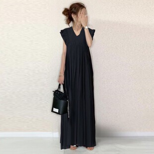 日系夏季新款女装 后背绑带格子图案拼接木耳边袖口V领连衣裙