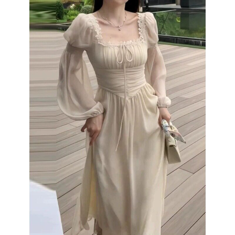 高级感名媛方领过膝连衣裙女夏季新款收腰气质仙女温柔风法式长裙