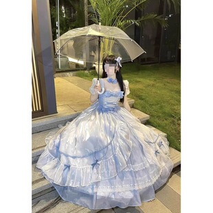 蓝色成人礼服大花嫁lolita连衣裙洛丽塔华丽在逃蓬蓬拖尾公主裙女
