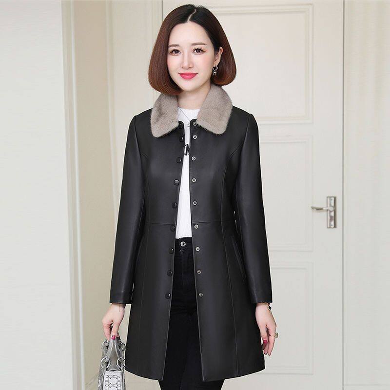 2024新款秋冬季皮衣女加绒加厚中长款皮衣修身妈妈装羽绒棉服外套