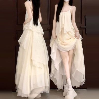 2025新款白色吊带连衣裙子女装夏季法式小个子海边度假不规则长裙