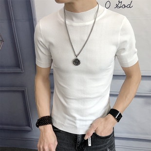 春夏冰丝短袖t恤衫男士中高领修身薄款针织线衣港风半截袖打底衫