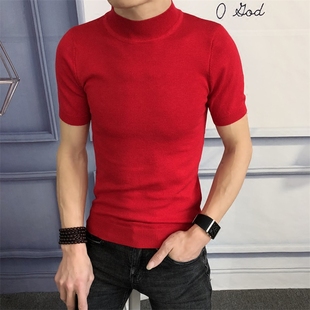 春秋季 毛衣打底衫 男士 中高领短袖 韩版 半袖 红人同款 线衣t恤潮 修身