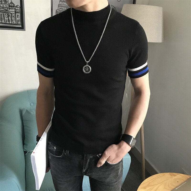 舂夏薄款韩版修身男士中高领短袖线衣时尚红人同款时尚半袖毛衣潮
