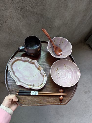粉色系  一人食餐具套装 有手作波点杯