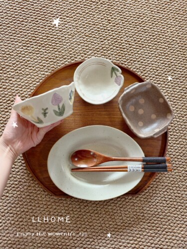 LLHOME 一人食餐具套装.粗陶餐具紫色花语波点分餐制餐具民宿餐具