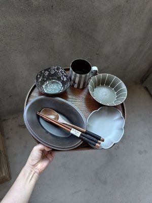 小众设计黑灰色一人食餐具 独居一人食打卡 分餐制餐具 有手作杯