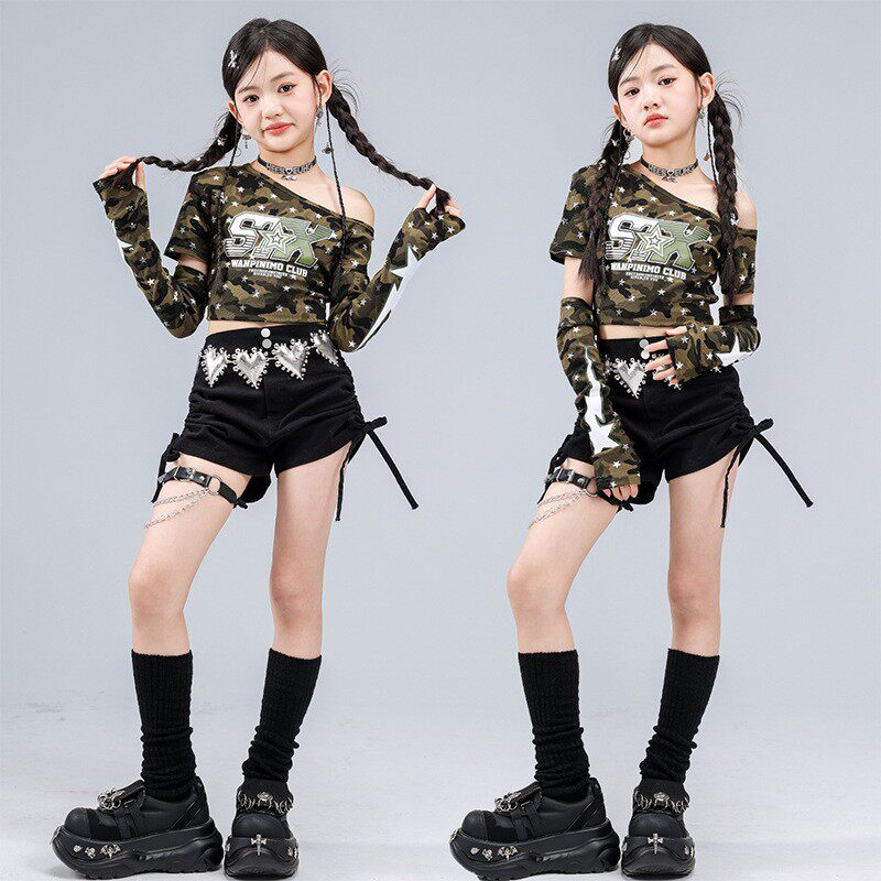 爵士舞服装女童套装韩版露脐上衣背心jazz迷彩少儿时髦表演出服