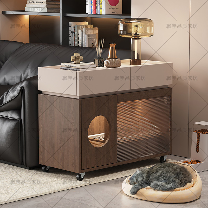猫砂柜沙发实木边几可移动喵星现代大容量带猫窝万向轮宠物猫厕所