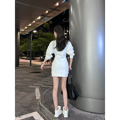 SUN YUYING孙钰颖 白色长袖卫衣连衣裙女春季休闲收腰显瘦短裙子