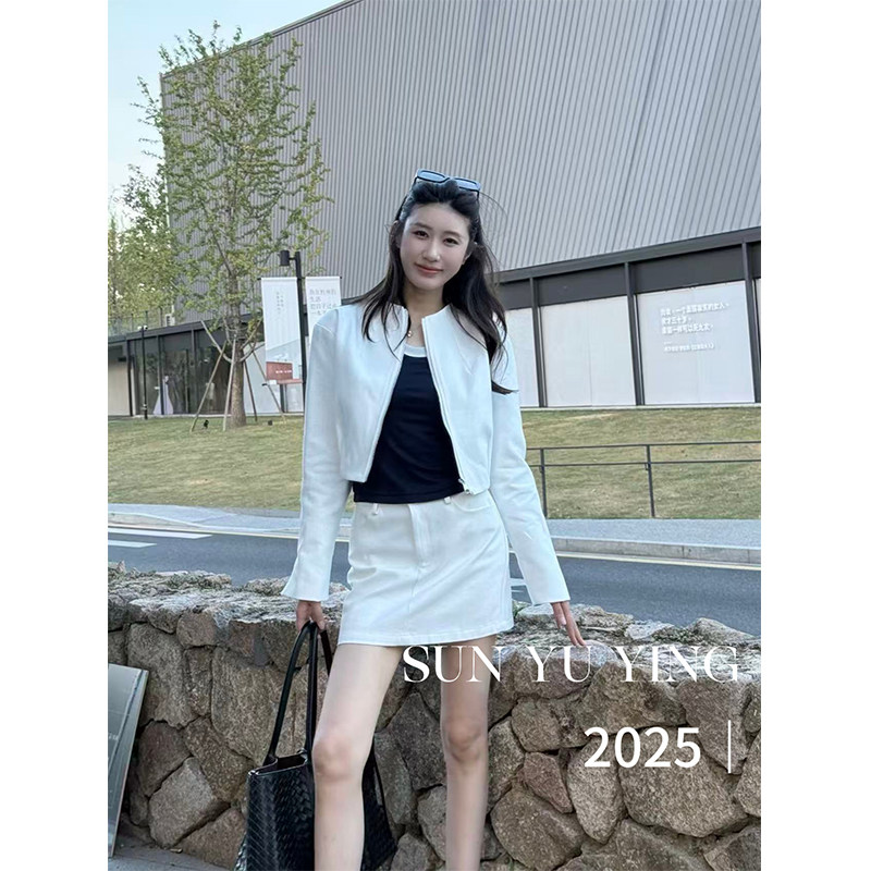 SUN YUYING孙钰颍 白色拉链牛仔外套女休闲百搭短款长袖拉链上衣