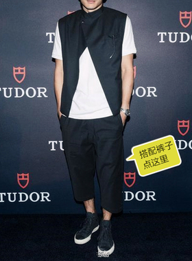 LT.个性斜开襟马甲百搭高街eugene tong人字开叉小立领马甲