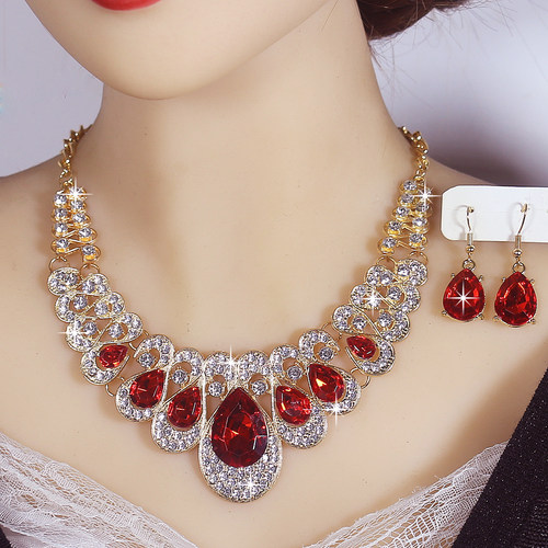 欧美轻奢夸张气质镶钻水滴项链女时尚项链耳环套装玻璃礼服配饰