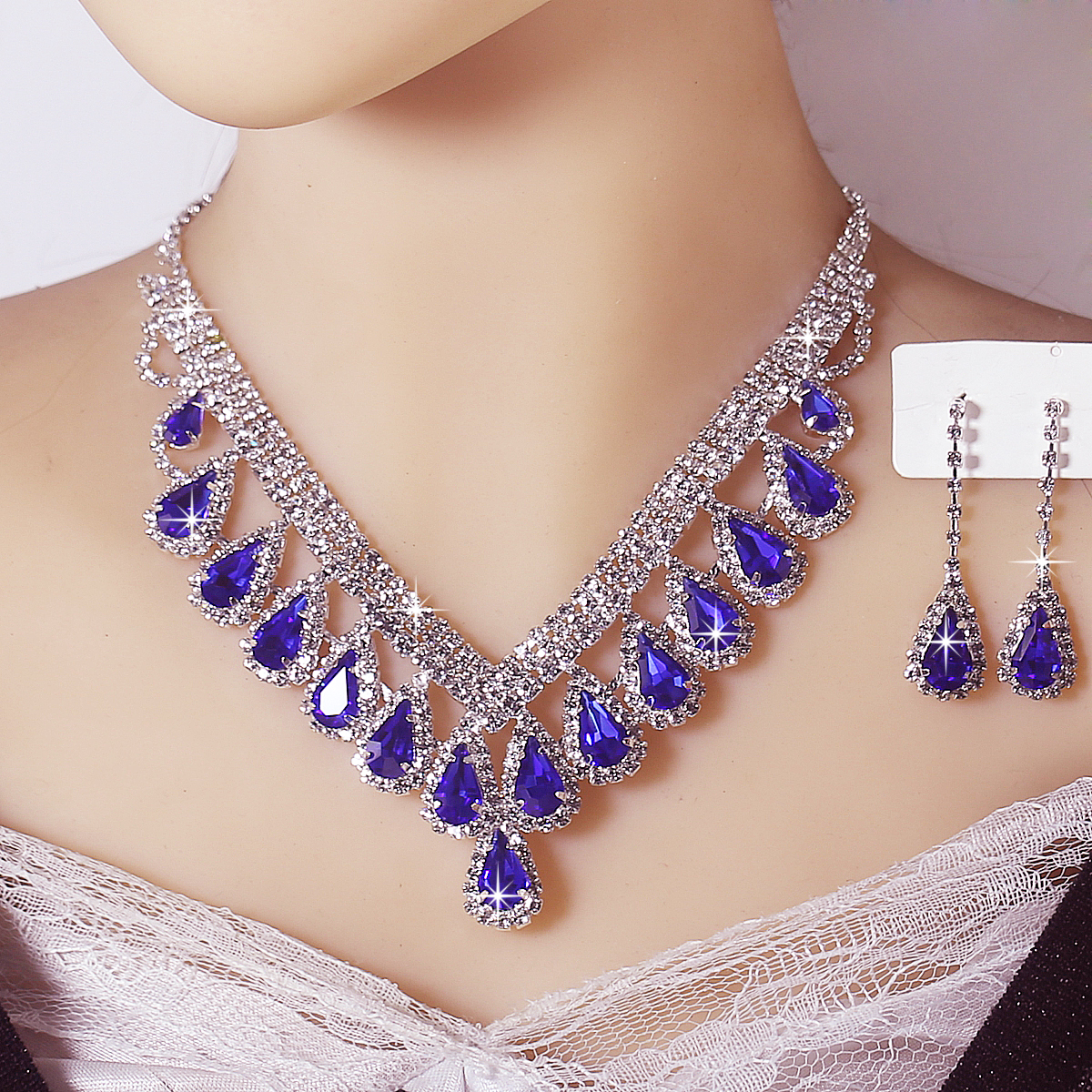 精致水滴形水钻项链高档时尚项链耳环套装新娘宴会舞台超闪装饰