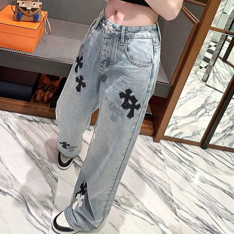 十字架牛仔裤女设计感复古高街直筒宽松长裤高腰显瘦拖地阔腿裤子