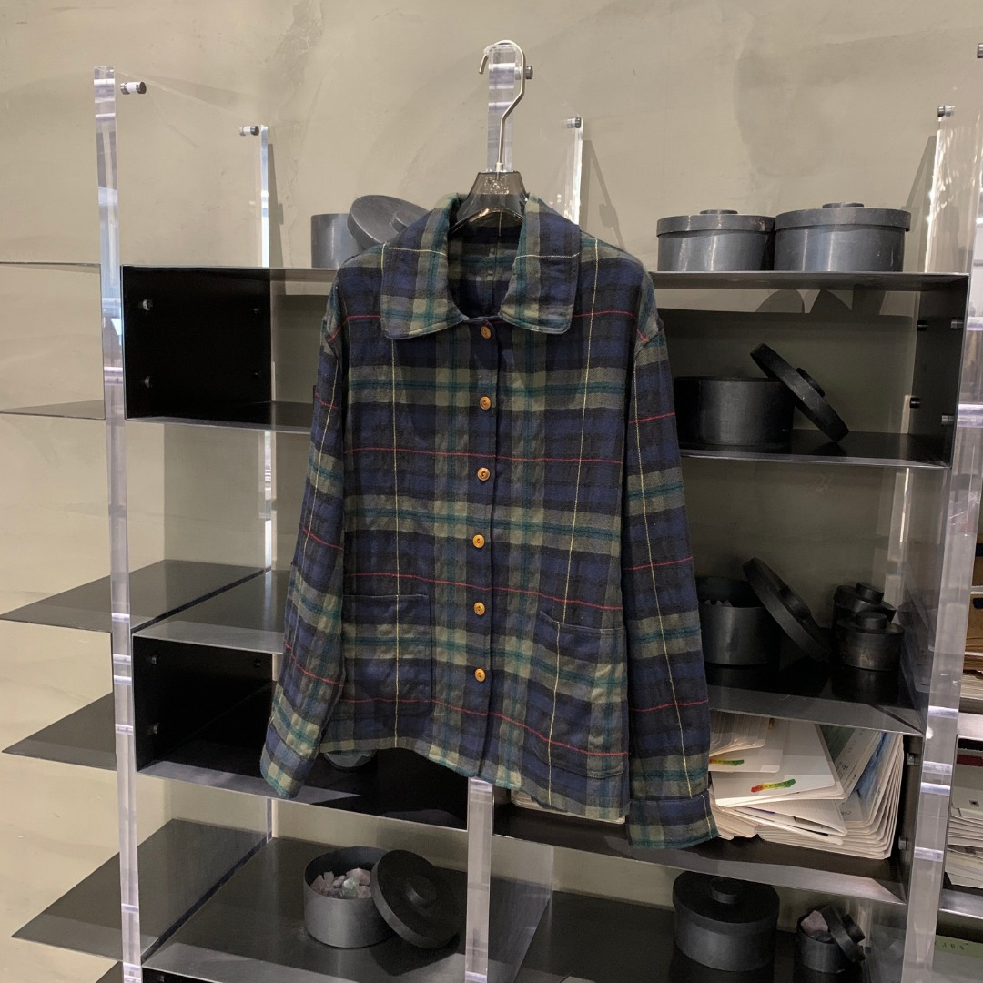 休闲叠穿复古绿格子春季女士长袖衬衫 C076