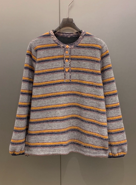 休闲条纹针织廓形通勤纽扣腰果花边时髦毛衣女 A3006