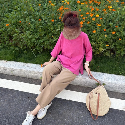 匀廓藏肩剪裁柔光水洗纯色七分落肩夏季透气宽松短袖T恤女 T9331