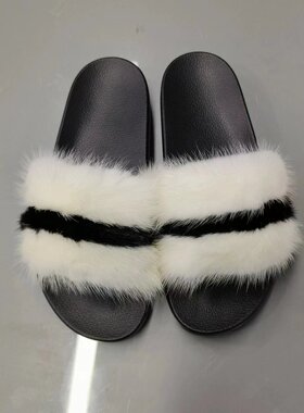 高级轻奢感黑白水貂毛平底拖鞋女 TX106