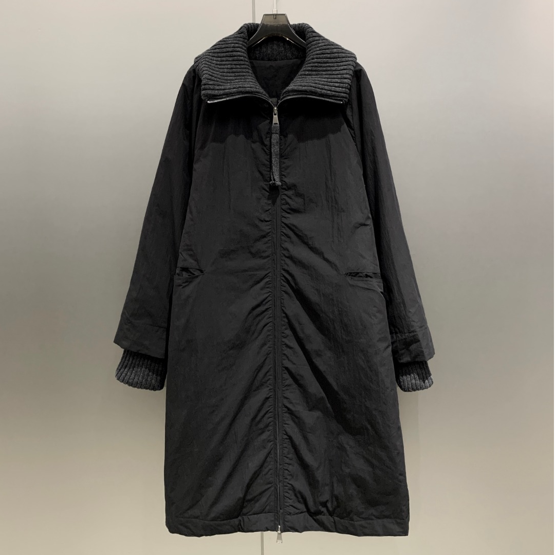 羊毛针织拼接高领长款防风保暖大衣棉服女 W7145