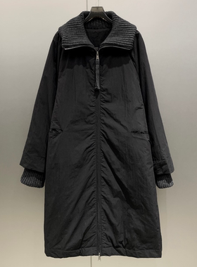 羊毛针织拼接高领长款防风保暖大衣棉服女 W7145