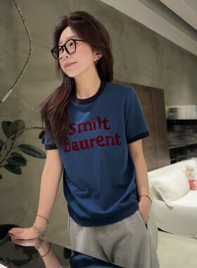 复古灰调｜薄款显瘦弹力包边丝绒印花字母短袖T恤女T8951