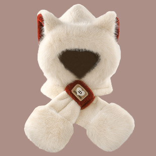 狐狸耳朵帽子围巾一体两件套冬季女士可爱毛茸茸防风骑车护耳帽