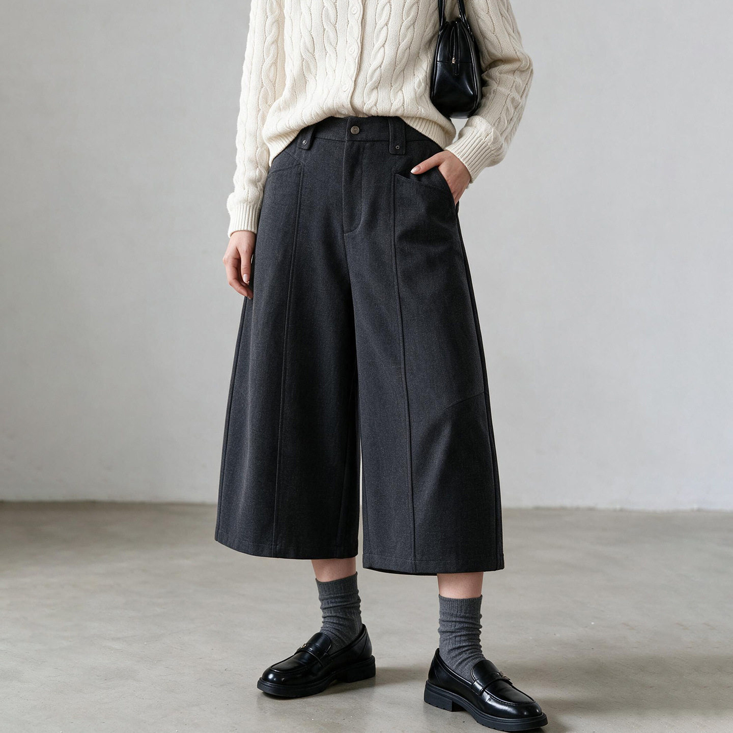 深灰色毛呢阔腿裤女2026秋冬新款七分高腰宽松垂感抗皱通勤休闲裤