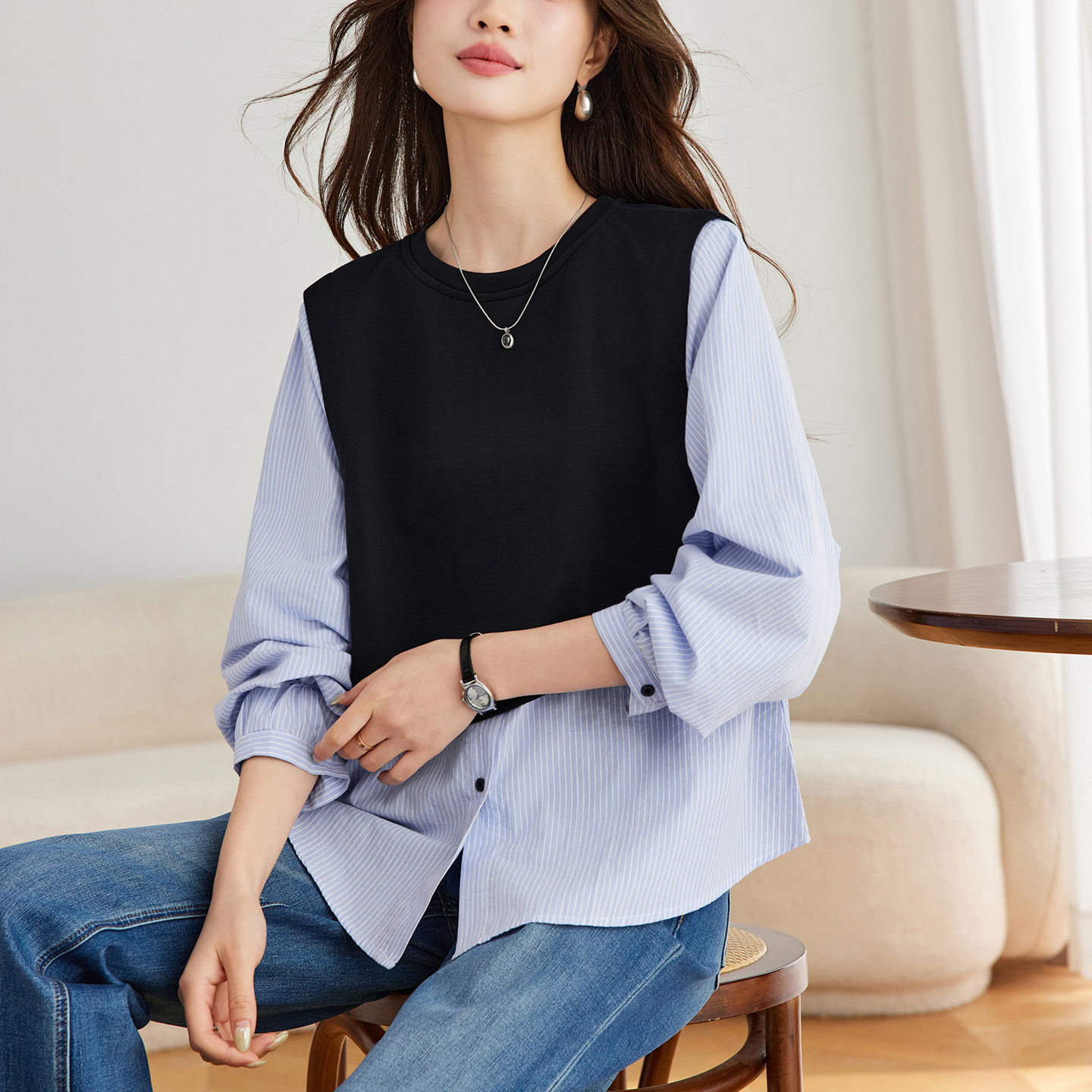 假两件拼接上衣女2026早秋新款条纹衬衫不规则设计感宽松通勤长袖