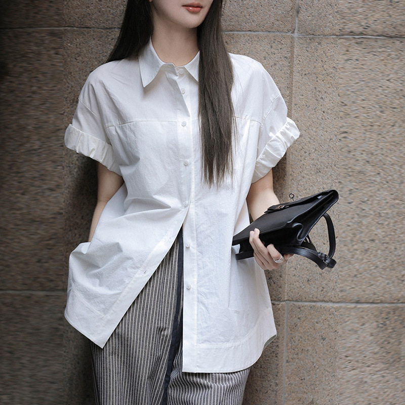 厂家直销浅蓝色衬衫女短袖2026夏季新款设计感小众中长款纯棉上衣