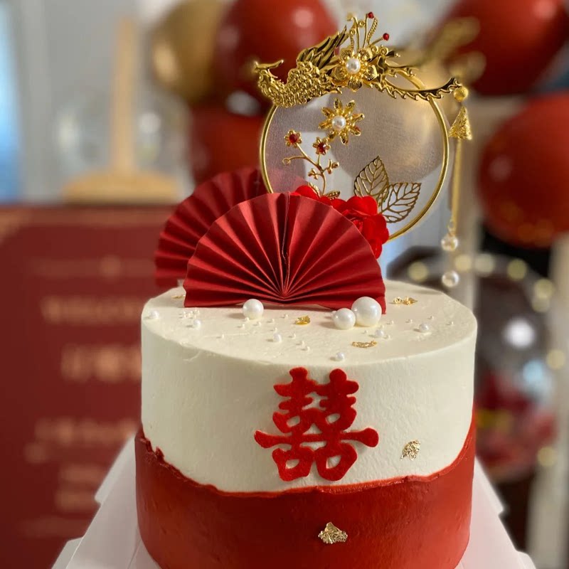 蛋糕装饰华丽中式婚礼凤凰于飞花环复古红玫瑰发簪装扮插牌喜字