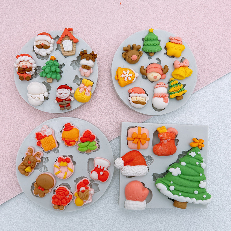 新款圣诞硅胶模具 手工雪人麋鹿滴胶模 巧克力铃铛星星烘焙蛋糕模