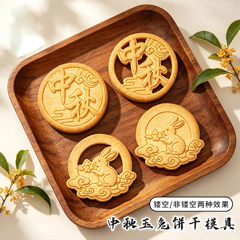 中秋玉兔桂花饼干模具可镂空曲奇糖霜立体3D按压式家用烘焙切模具