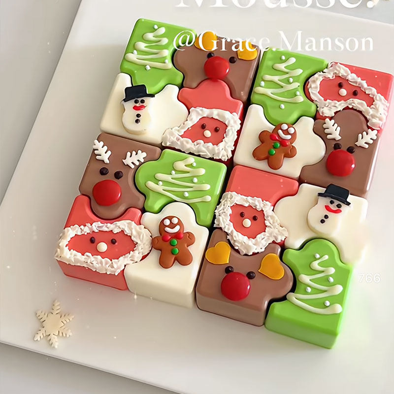 圣诞节拼图慕斯硅胶模具可爱雪人圣诞老人雪花翻糖巧克力硅胶模